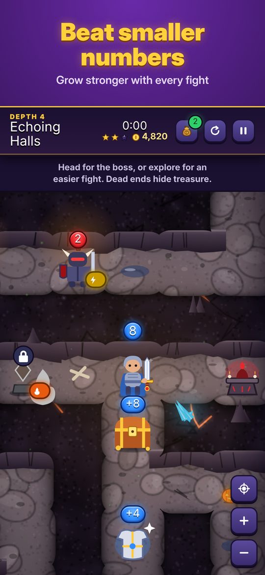 Screenshot: beating smaller numbers in a mossy crypt